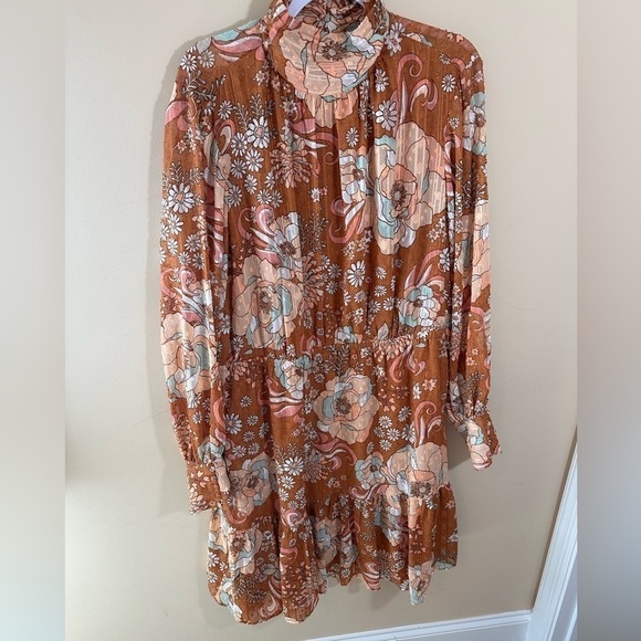 Ryegrass 1X High Neck Long Sleeve Swiss dot Dress Mod Retro Rust Brown Floral - Picture 1 of 7